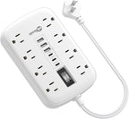 Short Extension Cord 1 ft - 2 Prong Power Strip 1700J Appliance Surge Protetor with 15A 8 Outlets 6 USB (5V/4.8A 24W) Charging Ports, Multi Plug Wall Outlet Extender for Home Office Dorm Roomc, White