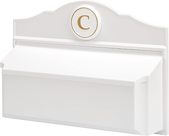 Whitehall Custom Wall Mount Mailbox Package - Mail Box with Monogram, Sand Cast Aluminum, Classic Design White Personalized in Goldtone
