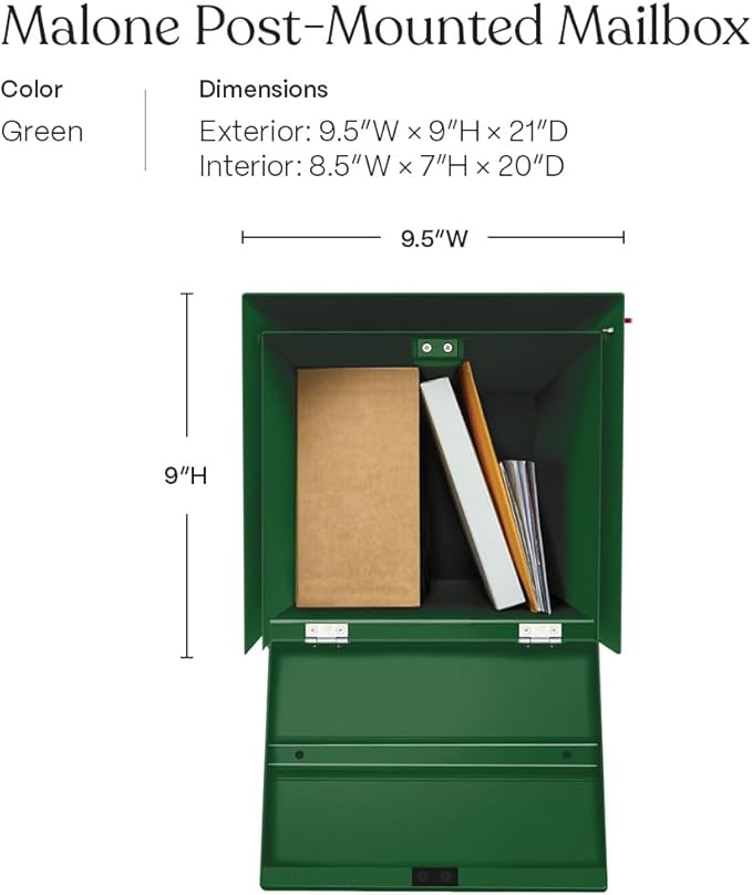 post & porch Malone Mailbox | Post Mounted Mailbox | Black/White/Gray/Brown/Red/Blue/Green, Regular or Large, Weatherproof Mail Box for Outside, Customizable (Green, Regular)
