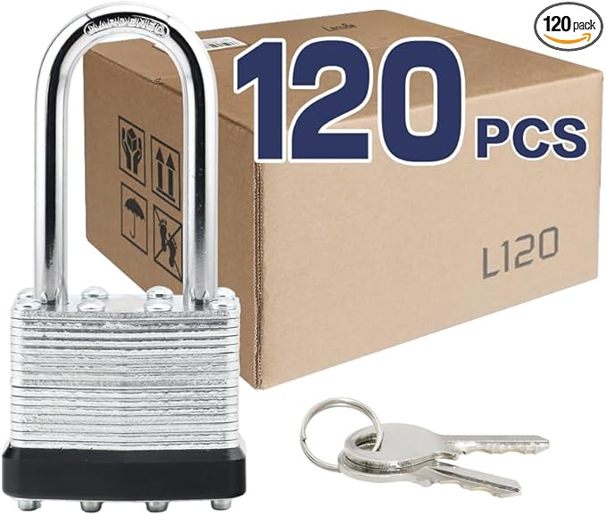 LanuBe Lock Laminated keyed Padlock (1-9/16", 40mm), keyed Alike Locks, Long Shackle,Marked Black Plastic Hoop, Pack of 120