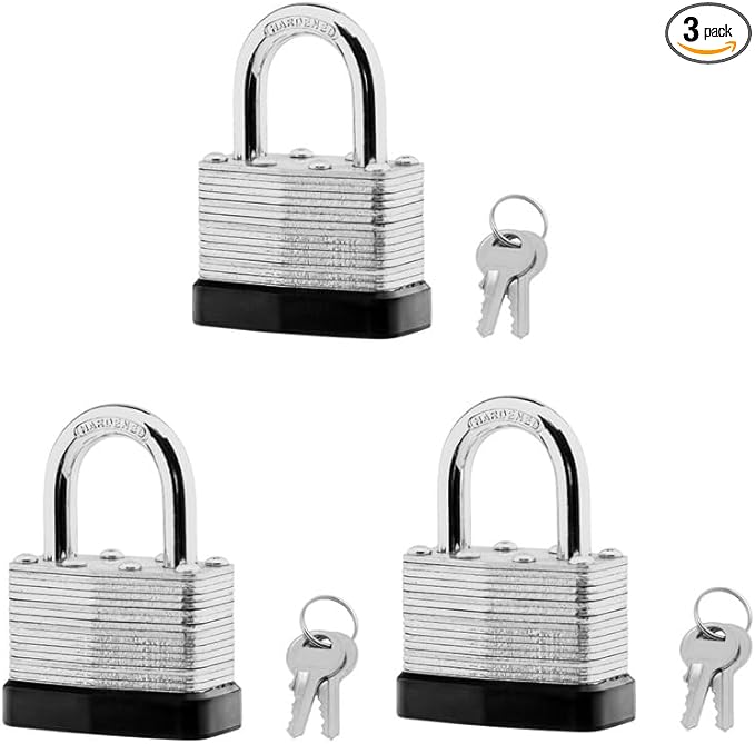 3-Pack Keyed Alike Laminated Steel Padlocks Keys, 1-3/4" Wide, Heavy Duty Pad Lock Set with Same Keys