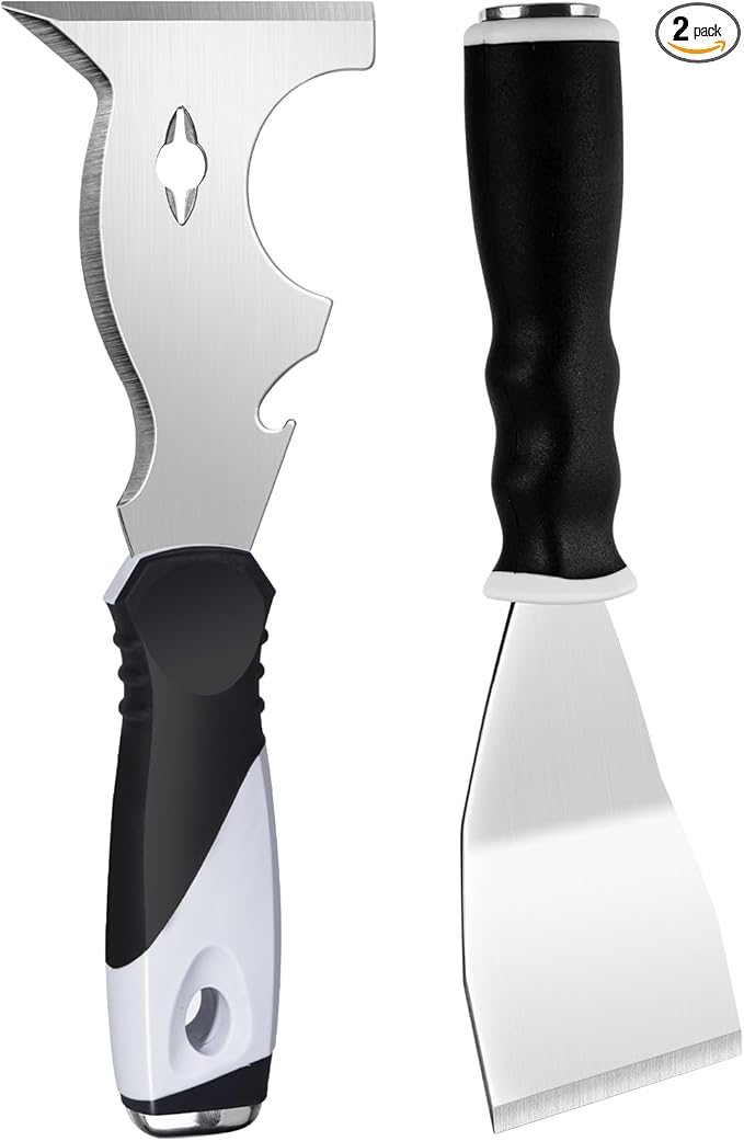 Mister Rui 2 Pack Paint Scraper Set, 3" Bent Paint Scraper with 10 in 1 Putty Knife, Stainless Steel Painting Tools, Metal Curved Floor Scraper for Cleaning, Removing, Repairing