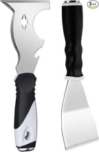 Mister Rui 2 Pack Paint Scraper Set, 3" Bent Paint Scraper with 10 in 1 Putty Knife, Stainless Steel Painting Tools, Metal Curved Floor Scraper for Cleaning, Removing, Repairing