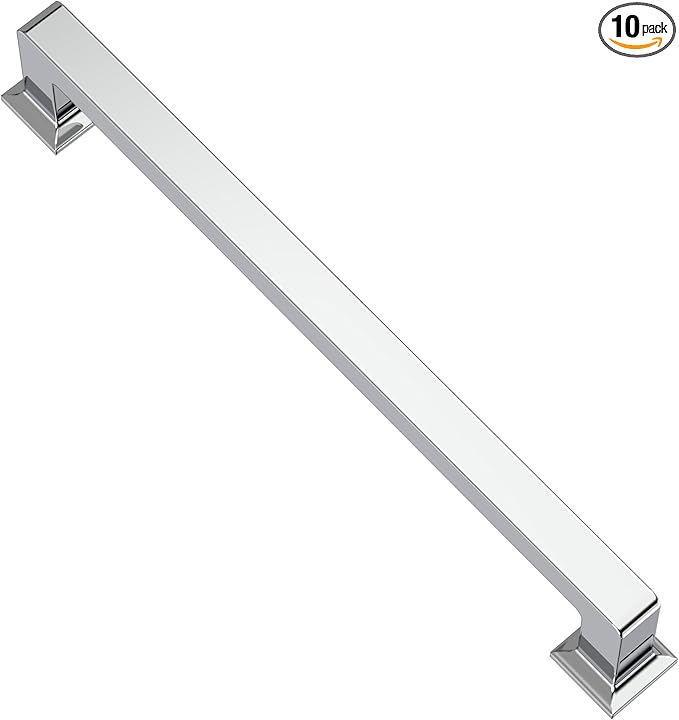 Alzassbg 10 Pack Polished Chrome Cabinet Pulls, 6-1/4 Inch(160mm) Hole Centers Cabinet Handles Square Kitchen Hardware for Cabinets AL3046CP