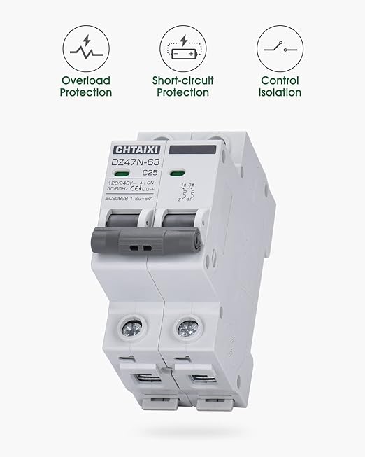 AC Miniature Circuit Breaker, 25 Amp 120V/240V 2 Pole DIN Rail Mount Circuit Breaker, Thermal Magnetic Trip, Solar AC Disconnect Switch MCB C25