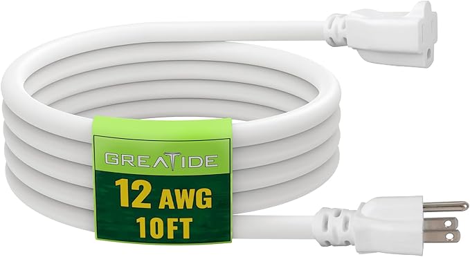 10 Ft Outdoor Extension Cord - 12/3 SJTW Heavy Duty White Extension Cable with 3 Prong Grounded Plug - Power Cord for Lawn, Garden, Appliances
