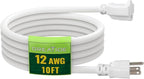 10 Ft Outdoor Extension Cord - 12/3 SJTW Heavy Duty White Extension Cable with 3 Prong Grounded Plug - Power Cord for Lawn, Garden, Appliances