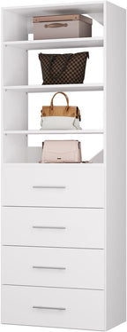 ROOMTEC Modular Closet System, 31.5" 4 Drawer Shelf Closet Tower Wall-Mounted Closet Organizer, Wooden Tower for Walk-In Closets, Wardrobe Storage Kit, White