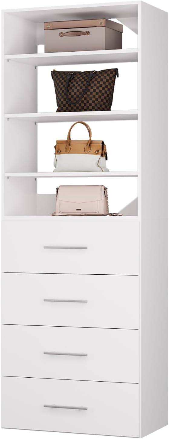 ROOMTEC Modular Closet System, 31.5" 4 Drawer Shelf Closet Tower Wall-Mounted Closet Organizer, Wooden Tower for Walk-In Closets, Wardrobe Storage Kit, White