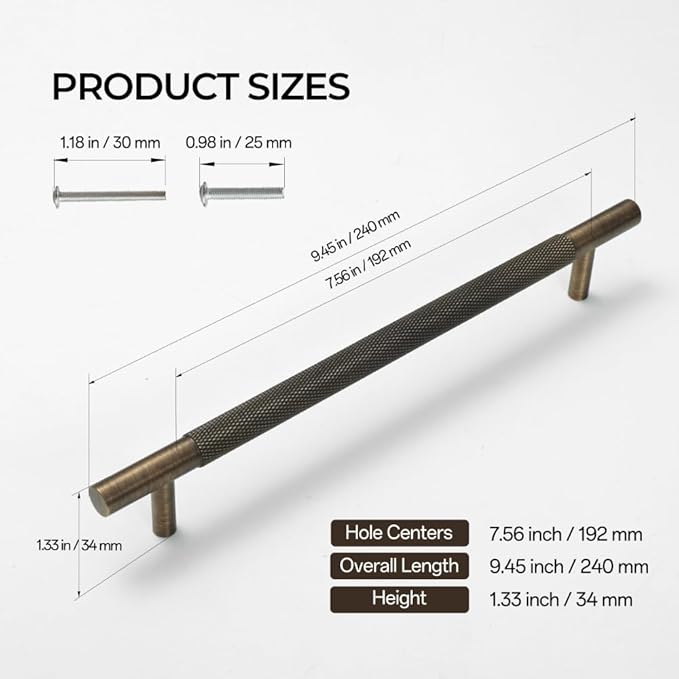Solid Brass Cabinet Pulls, Knurled Cabinet Pull, Antique Brass Drawer Handles for Bathroom, Bedroom, Kitchen (4, 9.45inch/240mm)