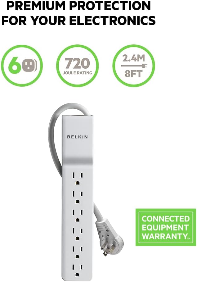 Belkin Surge Protector Power Strip - 6 AC Multiple Outlets - Flat Rotating Plug, 8ft Long Heavy-Duty Extension Cord for Home, Office, Travel, Computer Desktop & Charging Brick - White (720 Joules)