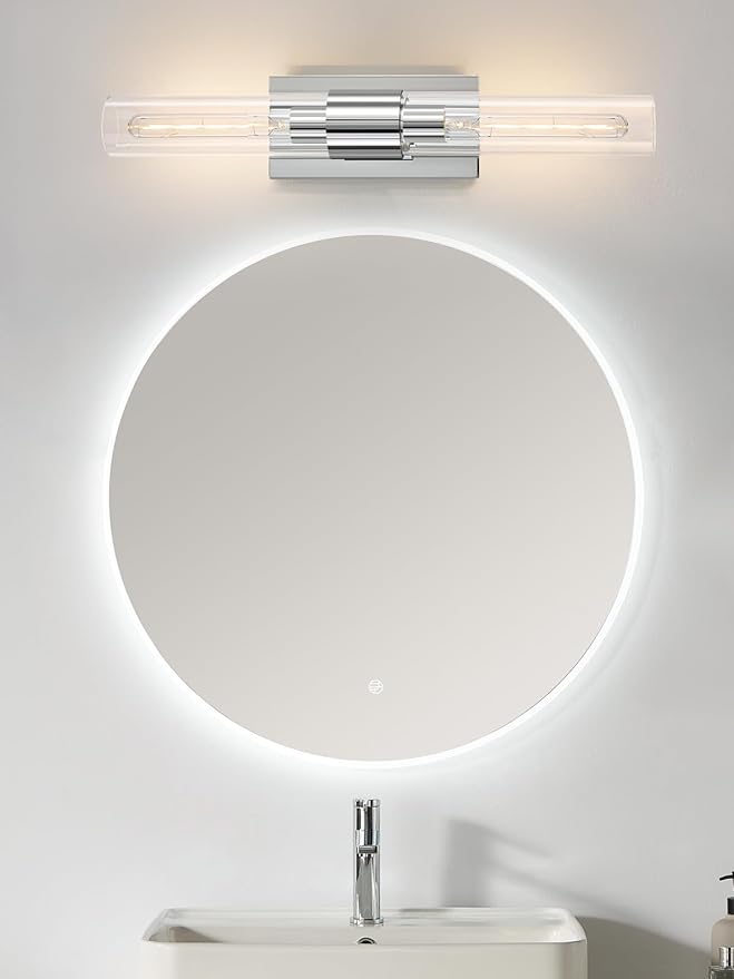 Chrome Tube Wall Sconces with Clear Glass, 24'' Modern Bathroom Vanity Light Fixtures for Bathroom Living Room Bedroom Hallway Fireplace Staircase(Bulb Included).