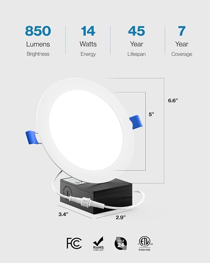 Sunco 12 Pack Recessed Lighting 6 Inch LED, Canless Ceiling Lights Slim with Junction Box, 850 LM, 14W (100W Equivalent), 3000K Warm White, Dimmable, Wafer Thin, 50000 Lifetime Hours ETL.