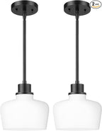 Emak 2 Pack 8 Inch Milk Glass Pendant Lights Kitchen Island, Modern Farmhouse Black Pendant Light Fixtures for Kitchen Island, Bathroom, Dining Room, PL122-BK-ML-2PK