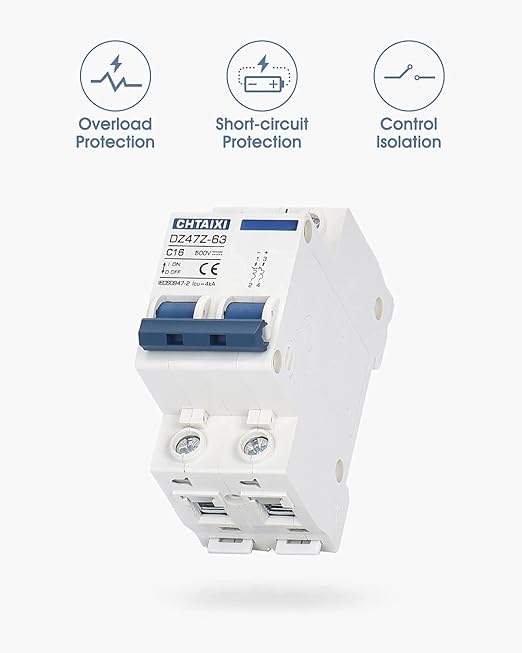 DC Miniature Circuit Breaker, 2 Pole 500V 16 Amp Isolator for Solar PV System, Thermal Magnetic Trip, DIN Rail Mount, Chtaixi DC Disconnect Switch C16