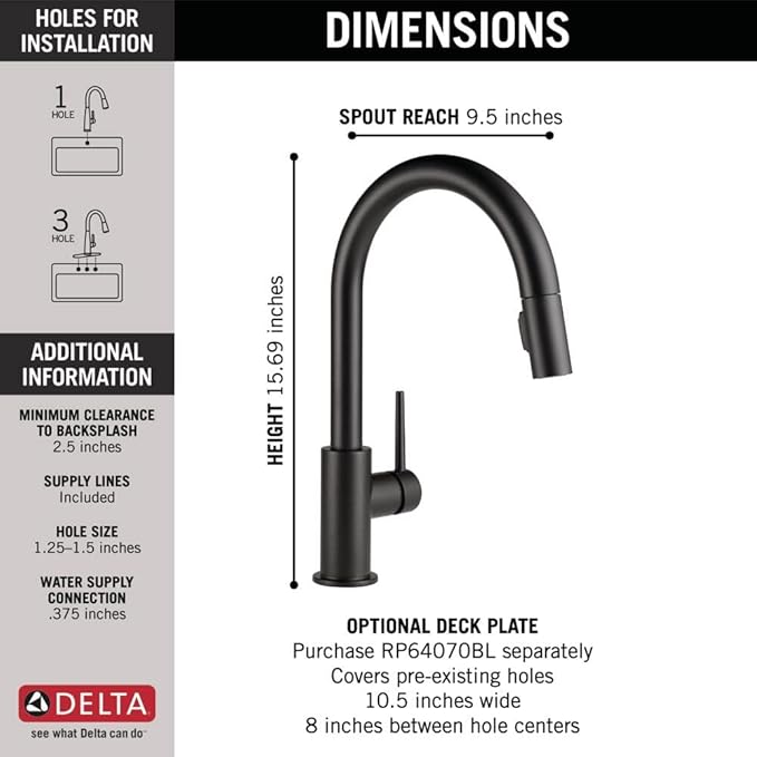 Delta Trinsic Matte Black Kitchen Faucet with Pull Down Sprayer, Modern Single Hole Kitchen Sink Faucet, Single Handle, Matte Black 9159-BL-DST