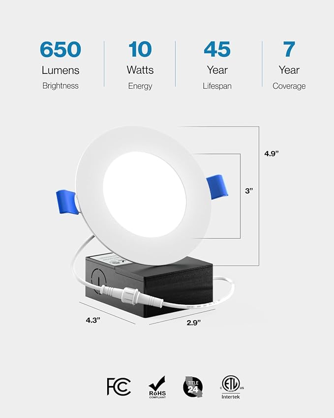 Sunco 12 Pack 4 Inch LED Recessed Lights, Slim Canless Ceiling Lighting, 650 LM, 10W (60W Equivalent), 3000K Warm White, Dimmable, Wafer Thin, Ultra Thin with Junction Box ETL.