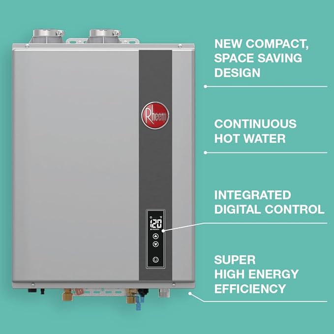 Rheem Liquid Propane Condensing Tankless Water Heater Indoor Up To 9 GPM, 180,000 BTUs Continuous Super High Efficient Hot Water