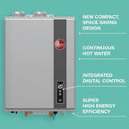Rheem Liquid Propane Condensing Tankless Water Heater Indoor Up To 9 GPM, 180,000 BTUs Continuous Super High Efficient Hot Water