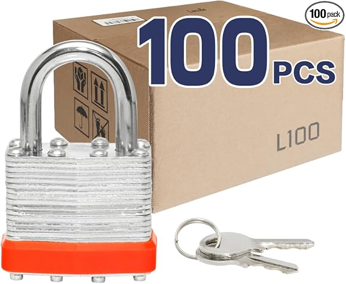 LanuBe Lock Laminated keyed Padlock (1-9/16", 40mm), keyed Alike Locks, Normal Shackle,Marked Orange Plastic Hoop, Pack of 100