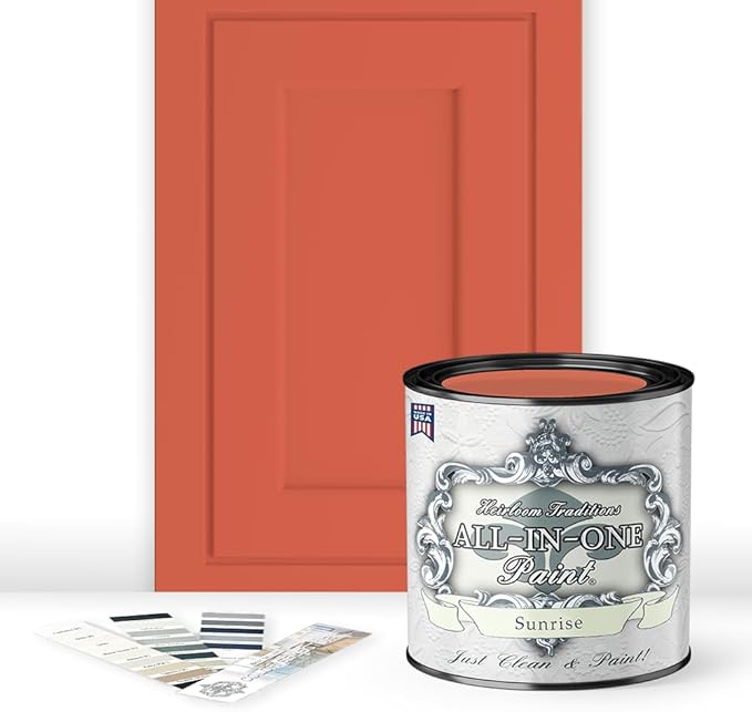 ALL-IN-ONE Paint, Durable cabinet and furniture paint. Built in primer and top coat, no sanding needed. Includes our 30 featured color card - Sunrise (orange-coral), Quart