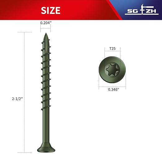 #10 x 2-1/2" Deck Screws (71Pcs) 1lb. Exterior Wood Screws. Carbon Steel, Green, Flat Head, Rust Resistant epoxy Coated, with T25 Star Bit