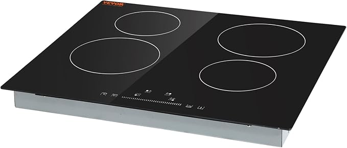VEVOR LT4-77 Built in Electric Ceramic 23.2 x 20.5 inch Stove Top, 240V Glass Radiant Cooktop with Touch Control, Timer & Child Lock, 9 Power Levels for Simmer Steam Slow Cook Fry, 24IN 4-Burners