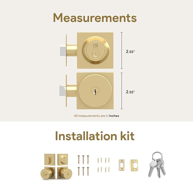 Mega Handles SUANA Entrance Combo, Door Knob and Cylinder Deadbolt and Key Combo, Heavy Duty Locking Door Knobs for Left or Right-Handed Doors – Satin Brass