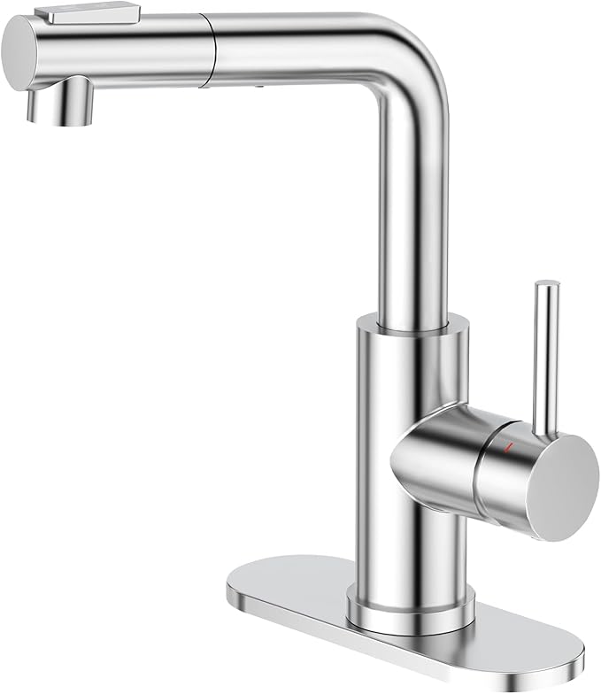 CREA Sink Faucets with Sprayer - Pull Out Bathroom Faucet - Single Hole 1 Handle Bar Faucets for Mini Pre Sink RV Outdoor Laundry Room - Chrome Stainless Steel