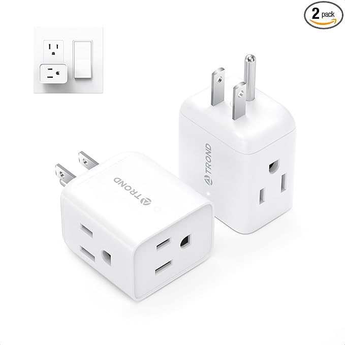TROND Multi Plug Wall Outlet Extender - 2 Pack Electrical 3 Way Plug Extension Outlet Splitter Adapter, Small Multiple Wall Expander for Home Office Dorm Room Cruise Ship Travel Essentials, White