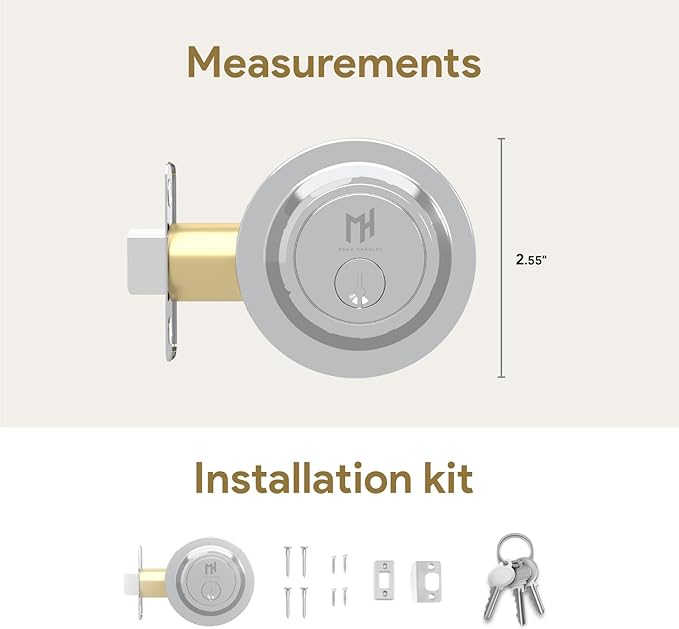 Mega Handles - Ronn Deadbolt I Entry Deadbolt Lock - Heavy Duty Round Locking Deadbolt for Left or Right-Handed Doors - Interior/Exterior - Polished Chrome