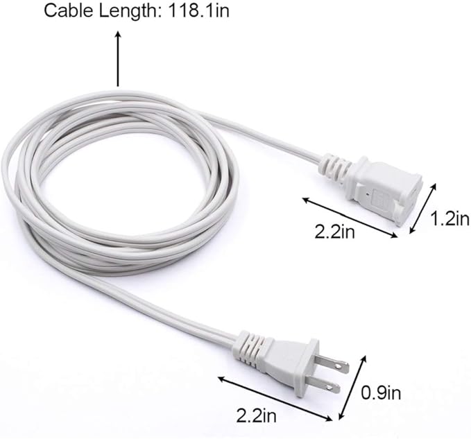 2-Pack Indoor Extension Cord 10FT,2 Prong Extension Cords White,US Male/Female Short Power Cable, UL Listed Perfect for Home Appliances, Office or Christmas Lights