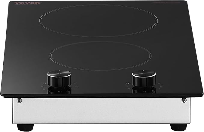 VEVOR Electric Ceramic Cooktop, Built-in Electric Stove Top, with Glass Panel, Knob Control, 11 Heat Levels, for Diverse Cooking Requirements (12inch-2burners/220V)
