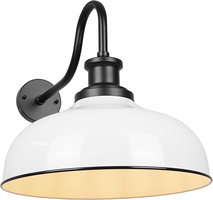 Outdoor Gooseneck Barn Light,16 Inch Dome Outdoor Wall Sconce Farmhouse Exterior Wall Mount Light Vintage Wall Lighting Fixture Industrial Wall Lantern for Porch, Entryway, Garage, RZ007L WH