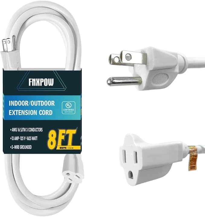 Indoor Outdoor Extension Cord 8 FT Waterproof, 16/3 Gauge Heavy Duty White Extension Cords, 13A 1625W SJTW Extension Cord with 3 Prong Grounded Plug, Great for Tools, Lights, UL Listed.