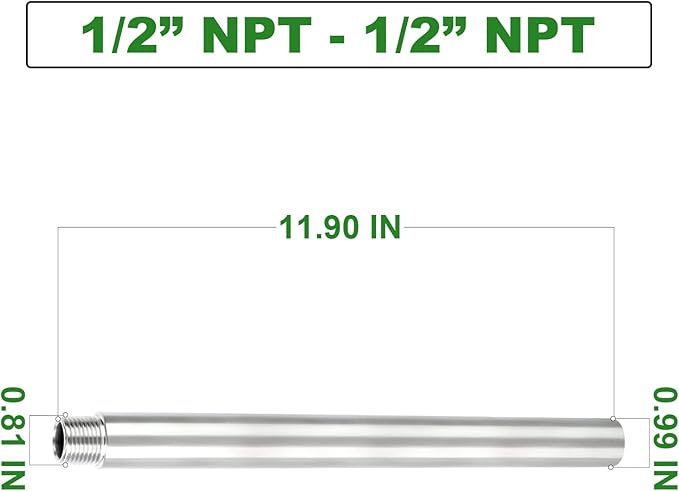 TAISHER 1PCS Stainless Steel Pipe Fittings, 1/2" NPT Male x 1/2" NPT Female Threaded, 12" Length Nipple Cast Pipe