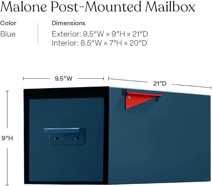 post & porch Malone Mailbox | Post Mounted Mailbox | Black/White/Gray/Brown/Red/Blue/Green, Regular or Large, Weatherproof Mail Box for Outside, Customizable (Blue, Regular)