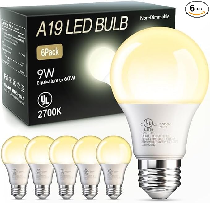 TJOY 6 Pack A19 LED Light Bulbs, 60 Watt Equivalent LED Bulb, Soft Warm White 2700K, Efficient 9W, E26 Standard Base, Non Dimmable Energy Saving Light Bulb, 800LM, 80 CRI, 120V, UL Listed