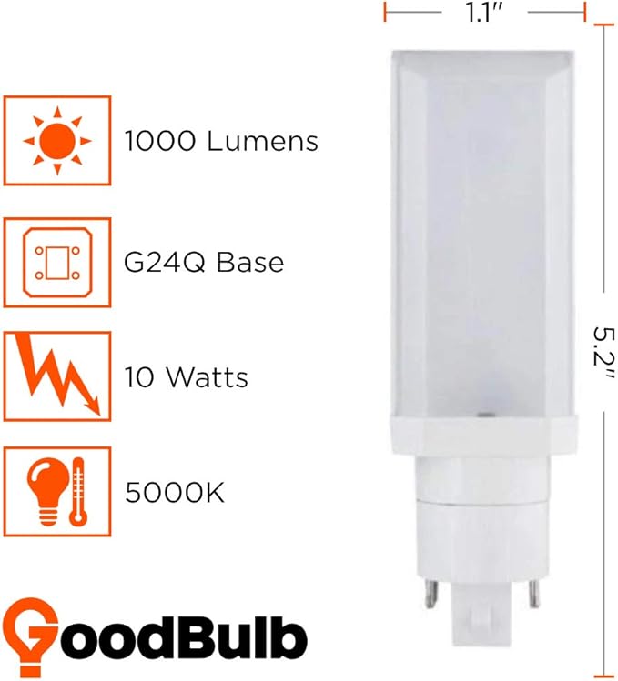GoodBulb 10 Watt Horizontal LED Plug-in Light Bulbs Type B 4 Pin G24Q Base 5000K Daylight High Output 1000 Lumens Car Dealership Lighting 10 Pack