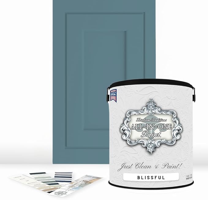 ALL-IN-ONE Paint, Durable cabinet and furniture paint. Built in primer and top coat, no sanding needed. Includes our 30 featured color card - Blissful (french blue), Gallon