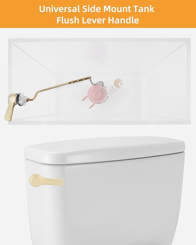 Hibbent Universal Metal Side Mount Toilet Handle Replacement Kit, Brass Toilet Flush Tank Lever with Stainless Steel Flapper Chains for Most Toilets, Shiny Gold