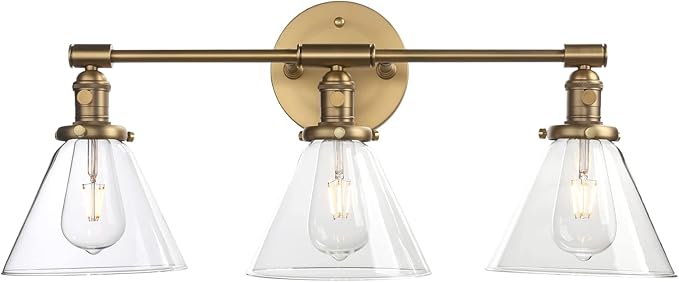 Phansthy 3-Light Wall Sconces Antique Brass Vanity Light, Industrial Wall Lamps with On Off Switch and Clear Glass Lampshade, Vintage Wall Lighting for Bathroom Living Room (Antique, Cone Shade)