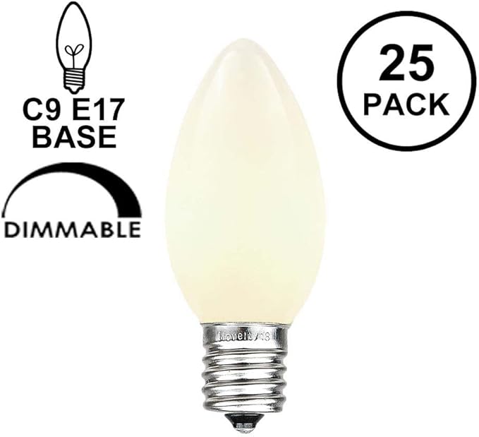 Novelty Lights 25 Pack C9 Ceramic Outdoor Christmas Replacement Bulbs, White, E17/C9 Intermediate Base, 7 Watt