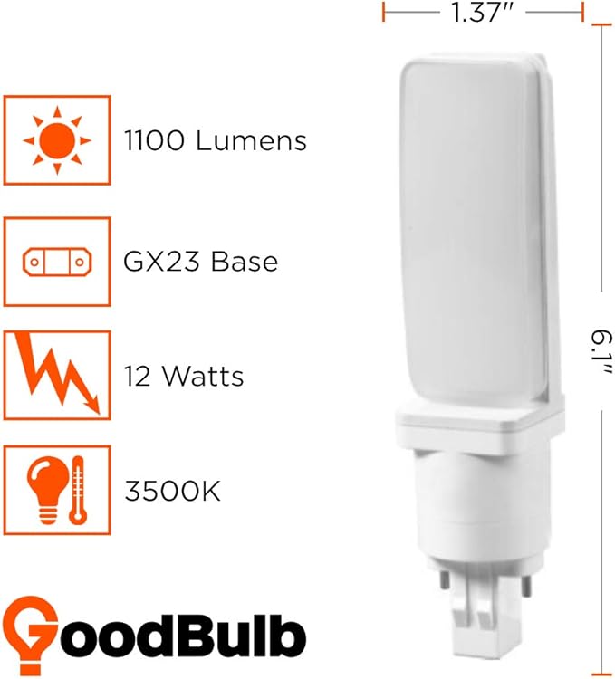 GoodBulb 18 Watt Horizontal LED Plug-in Light Bulbs | Hybrid 2 Pin GX23 Base 3500K Soft White Light | High Output 1100 Lumens | 120° Beam LED PL Light Bulbs | Pack of 10 Bulbs