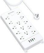 TROND Surge Protector Power Strip 10 ft, Flat Plug Long Extension Cord, 13 Wide Spaced Outlets, 4000 Joules, 32W Quick Charge 3.0 & USB C, Wall Mount, Under Desk, Heavy Duty, ETL Listed, White