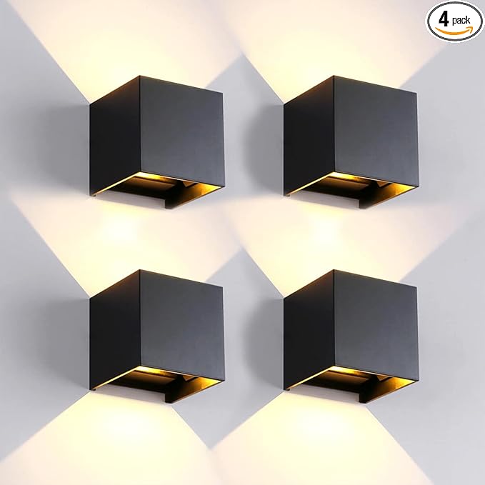 4 Pack LED Outdoor Sconces Wall Lights 20W Exterior/Interior Up and Down Lights IP65 Waterproof Modern Outdoor Lighting Fixtures Square Aluminum Wall Mount Light Black 3000K Warm Lights