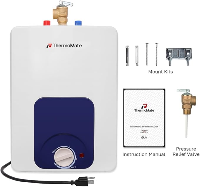 ThermoMate Mini Tank Water Heater Electric UL Listed, ES400B 4 Gallon Point of Use Under Sink Water Heater, 120V Corded Wall or Floor Mounted
