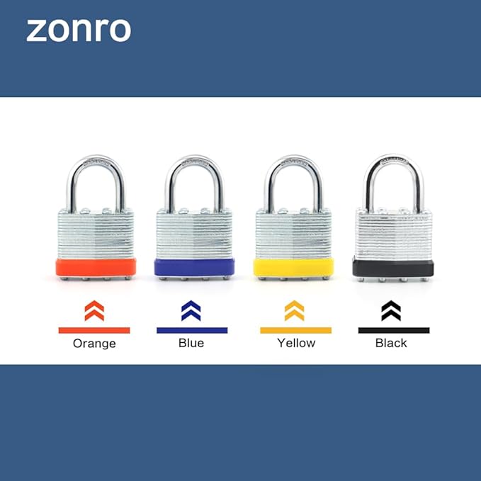 ZonRo Locks Laminated Steel Keyed Padlocks,Keyed Alike Locks, 1-9/16 inch Wide,Normal Shackle Padlocks, Pack of 24，Blue Hoop, for Hasp Latch, Sheds, Fences, Storage Locker, School, Gym…