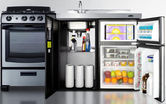 Summit 63" All-in-One Kitchenette with Gas Range, Refrigerator-Freezer, Sink, White - ACK63GASBSS