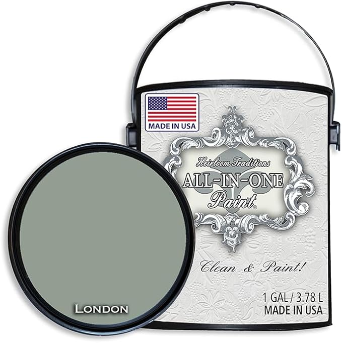 ALL-IN-ONE Paint, Durable cabinet and furniture paint. Built in primer and top coat, no sanding needed. Includes our 30 featured color card - London (green gray), Gallon